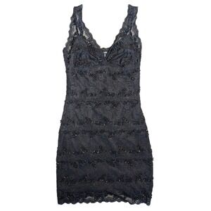 Vintage Le Chateau Small Black Stretch Bodycon Lace Beaded Party Dress